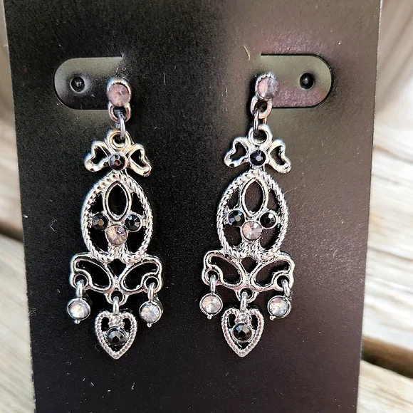 George Womens Earrings 5 Pc Set Dangle Studs with Silver Black Tones Rhinestones - Picture 7 of 10